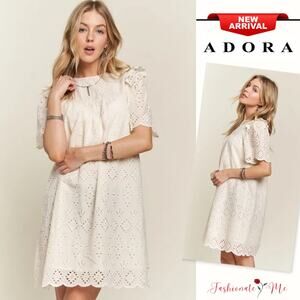ADORA Ruffle Shoulder Eyelet Round Neck Scallop Edge Detail Mini Dress | Natural